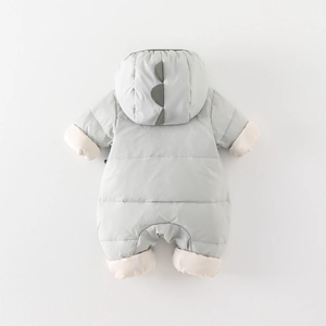 Padded winter baby romper with dinosaur hood and contrasting pink cuffs in light grey