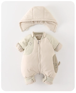Detail view of thickened baby winter romper with detachable hood and ribbed cuffs