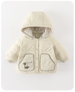 Detail of baby hooded jacket featuring ribbed cuffs and a cute cartoon duck pocket design