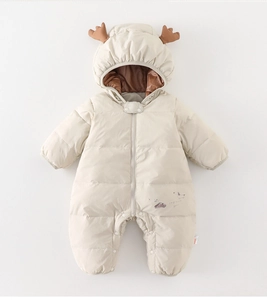 Detail view of baby hooded puffer jumpsuit with cute reindeer antlers and zipper closure