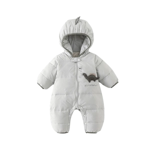 Grey winter baby hooded romper with dinosaur embroidery and warm quilted insulation