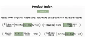 Detailed spec chart showing 90% white duck down filling and 100% polyester fabric info