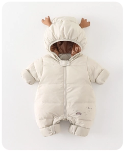 Close-up of baby romper with warm quilted lining, zipper closure, and cute puppy illustration