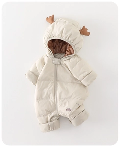 Detail of baby winter jumpsuit with cute reindeer antlers and windproof zip closure