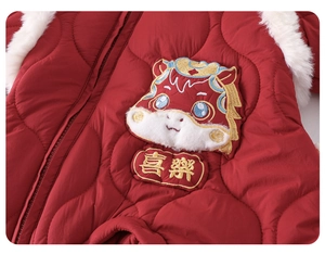 Macro shot of festive red baby romper with dragon embroidery and faux fur trim