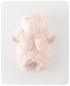 Detail of pink baby snowsuit featuring floral embroidery and cute 3D hood ears