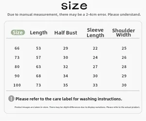 Size chart for winter baby romper showing length, chest, sleeve, and shoulder dimensions