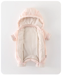 Close-up of pink hooded baby snowsuit with delicate floral embroidery and zipper detail