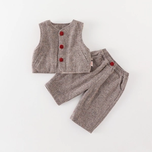 Toddler Boys Winter Padded Vest And Pants Outfit Herringbone Pattern Pom Pom Buttons Preppy Style Clothing