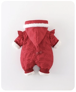 Detail of red padded baby jumpsuit with faux fur trim and quilted floral patterns