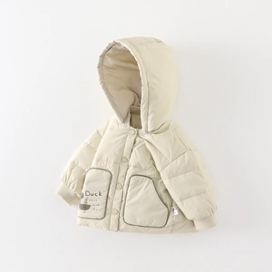 Lightweight cream white hooded quilted coat with duck graphic for infant boys