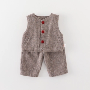 Baby boy winter herringbone tweed vest and shorts set with decorative red buttons