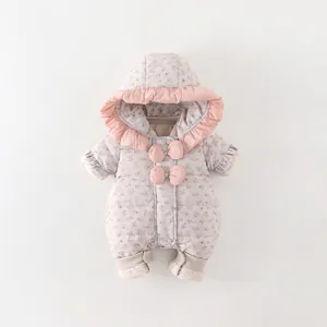 Floral Printed Baby Girls Winter Down Jumpsuit Hooded Thick Warm Snowsuit With Ruffle Bow Details Infant Outdoor Romper