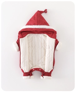 Detail of red quilted baby winter romper with white faux fur hood and dual zippers