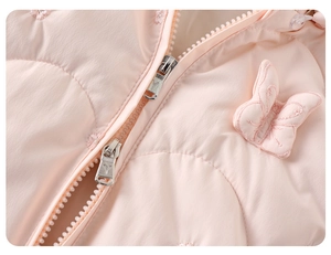 Detail of pink quilted baby winter romper with butterfly applique and dual zippers