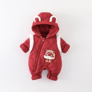 Festive Red Baby Boy Winter Hooded Quilted Romper Thickened Warm Newborn Jumpsuit With Faux Fur Lion Embroidery For New Year