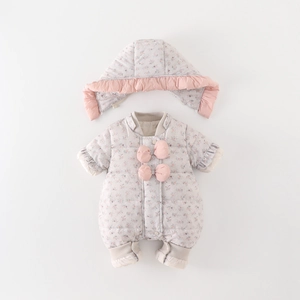 Thick winter baby floral quilted jumpsuit with a matching ear-protecting hooded hat