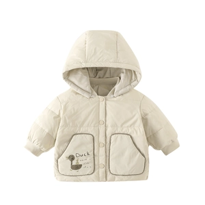 Kids lightweight hooded puffer jacket in beige with a cute duck print and snap buttons