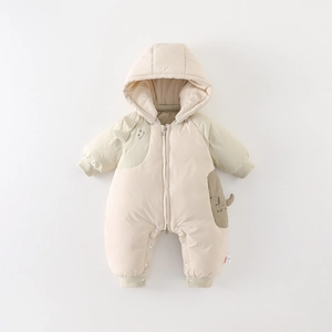 Thick beige winter baby jumpsuit with hood, cartoon patterns and warm duck down filling