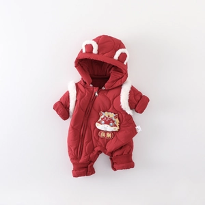 Red winter baby romper with warm fleece trim and cute cartoon lion embroidery design