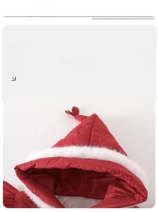 Detail of red quilted baby romper with floral texture and white faux fur hood trim