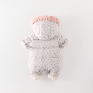 Infant winter snowsuit with floral print, thickened white duck down for baby girls