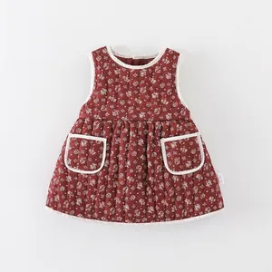 Baby Girls Quilted Floral Padded Dress Winter Warm Sleeveless Princess Dress For Infant Toddlers Autumn Winter Outfit