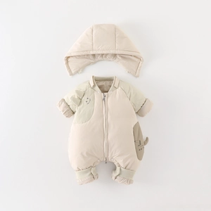Winter infant hooded puffer romper set with white duck down padding and cartoon dog print