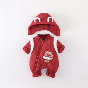 Festive red baby romper with lion dance embroidery and plush trim for Lunar New Year
