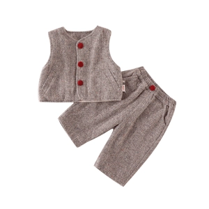 British style toddler boy winter vest and trousers set in grey herringbone fabric