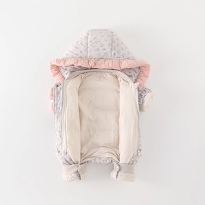 Thick baby winter down romper with floral print and fleece lining in light grey and pink