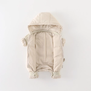 Thick beige hooded baby romper with white duck down filling and windproof ribbed cuffs