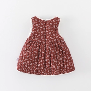 Winter padded baby girl dress with white floral pattern on dark brown-red fabric