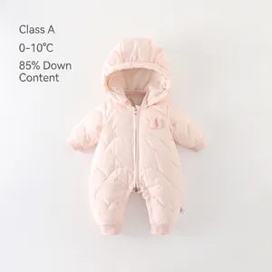 Baby Girls Winter Hooded Down Jumpsuit Heart Quilted Floral Embroidered Warm Thick Snowsuit Romper Cartoon Ears Pink Outwear