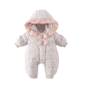 Floral print baby hooded romper with warm white duck down filling and pink ruffles