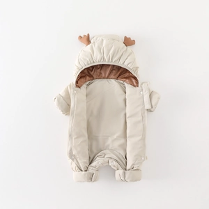 Beige baby winter snowsuit with cute reindeer antlers design and warm duck down filling