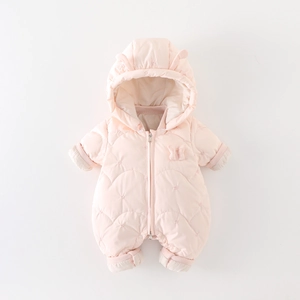 Pink winter infant hooded romper with cute ears and warm thickening padding