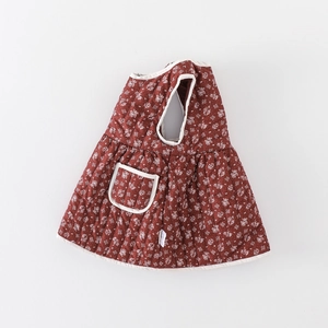 Quilted dark red floral sleeveless baby dress with warm cotton padding and small pocket