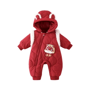 Thick red winter baby romper with dragon embroidery and warm white faux fur trim