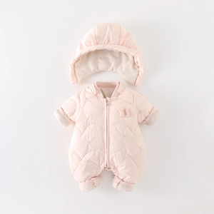 Pink heart quilted winter baby puffer jumpsuit with matching ear flap hat and 3D butterfly