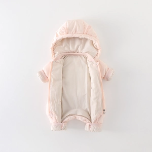 Winter infant hooded snowsuit in light pink with cute ears and warm fleece lining