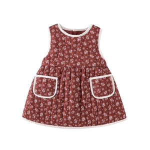 Floral padded baby winter dress in retro dark red with sleeveless quilted design