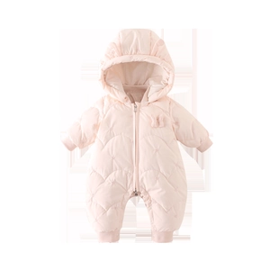 Pink heart-quilted hooded baby puffer romper with zipper and bow detail for winter