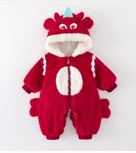 Close-up of thick red plush baby romper with cartoon hood and soft fleece texture