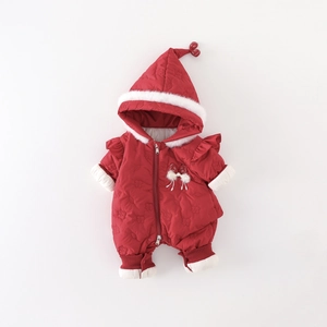 Quilted baby hooded romper in festive red with warm faux fur trim and bow detail