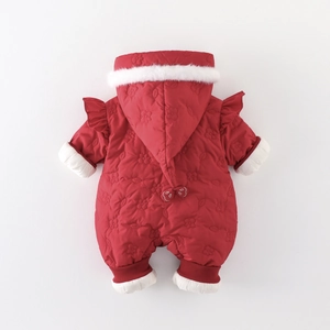 Red quilted baby winter romper with faux fur hood and floral stitching pattern