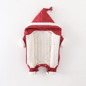 Festive red hooded baby romper with white faux fur trim for winter warmth
