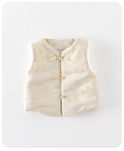 Detail of baby girl's Chinese New Year vest with butterfly embroidery and faux fur trim
