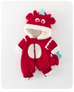 Detail of baby boy winter romper with thick plush fabric and monster hood design