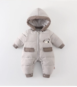 Close-up of baby winter romper showing high-quality windproof fabric and cartoon dog patch